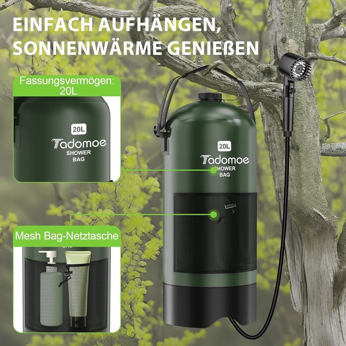 Сонячний душ для кемпінгу на 20 літрів з насосом та сумкою, зелений