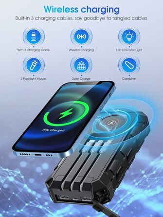 Портативний акумулятор 52800mAh з сонячною панеллю, 30W, з LED-ліхтариком та 7 виходами, чорний