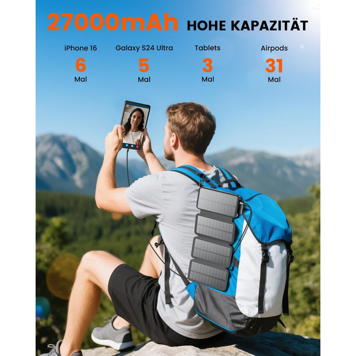 Power bank FEELLE 27000mAh з сонячною зарядкою та швидкою зарядкою 22.5W USB-C, чорний