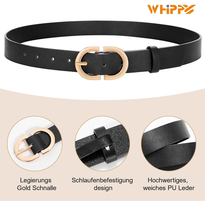 Жіночий шкіряний ремінь WHIPPY з золотистою пряжкою, чорний колір, розмір L (довжина 120 см)