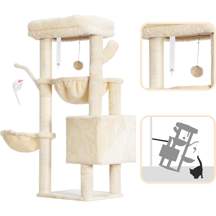 Котячий будиночок Heybly Kratzbaum: 100 см, з платформою, печерею, 2 гамаками та іграшками. Активний котячий будиночок, HCT006SG (Бежевий)