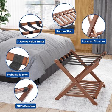 Fully assembled white luggage rack, improved bamboo, foldable suitcase stand with 5 nylon straps, luggage rack with shelf for guest rooms, hotel (white luggage rack, 1 piece) (1 x Walnut)