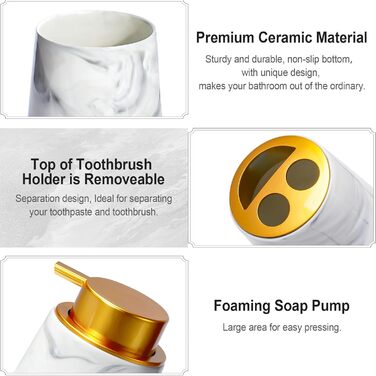 Набір аксесуарів для ванної кімнати з дозатором мила, мильницею, тримачем для зубних щіток та склянкою. Мармурова імітація, білий колір. 4 шт.