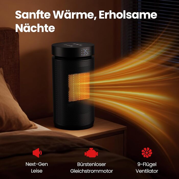 Електричний обігрівач 1500W з термостатом, PTC-кераміка, захист від перегріву та перекидання, 3 режими, таймер 12h, осциляція 70°, для дому, кемпінгу, офісу