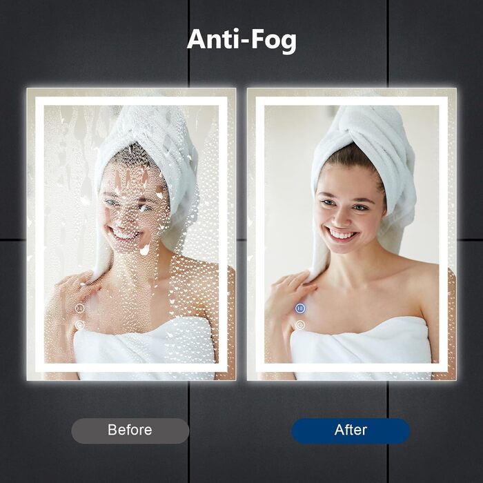 Дзеркало для ванної кімнати зі підсвічуванням 70x50 см, антизапар, сенсорне керування, 3 кольори світла, регулювання яскравості