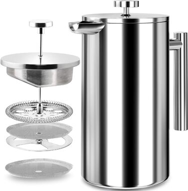 KICHLY French Press Coffee Maker 34 Oz - 1000 ml (4 Coffee Cups / 8 Coffee Mugs) - Coffee Machine with Triple Stainless Steel Filter & Insulated Walls - Silver