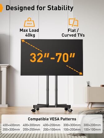 Підставка для телевізора Perlegear з роликами, 32-70 дюймів, плазма/LCD/LED, регулювання висоти та нахилу (-15° до +5°), до 40 кг, VESA 400x400 мм