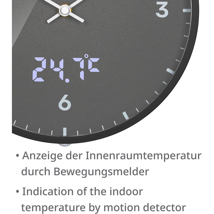 Bresser MyTime Radio-Controlled Wall Clock with Silent Movement, 24 cm Dial, LED Second Display, Indoor Temperature and Silent Radio Clock Movement, Grey