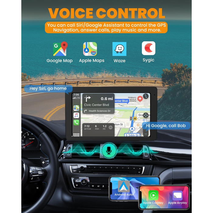 7-дюймовий дисплей CarPlay з GPS, Apple CarPlay, Android Auto, Bluetooth 5.2, FM, дзеркальне відображення, легкий монтаж