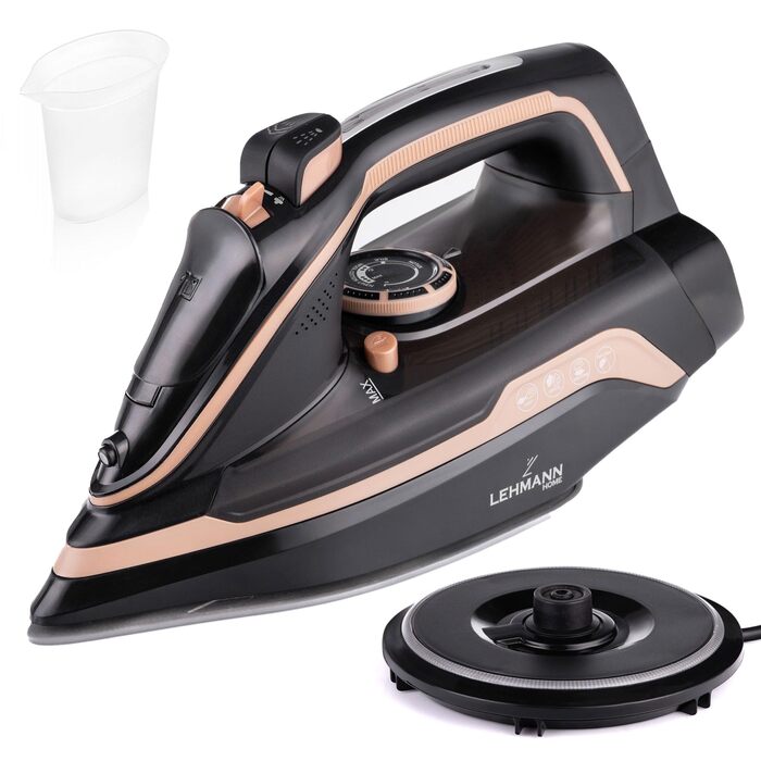 Парове прасування LEHMANN бездротове з базою для зарядки, регулювання температури та 5 програм, керамічна підошва, вертикальний пар, автовимкнення, чорний/рожеве золото