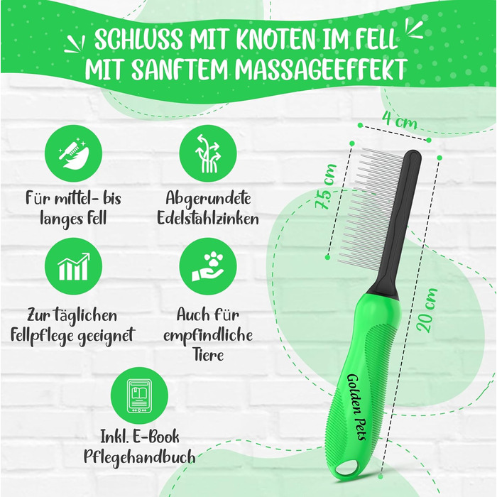 Гребінець для вичісування шерсті тварин Testurteil Sehr Gut: для собак та котів середньої та довгої шерсті. Підходить для маленьких та великих тварин. Легке очищення + E-Book з порадами.