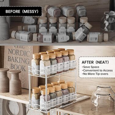 Висувна полиця для спецій, 2 яруси, органайзер для кухні, регульована висота, металева, срібна. Організатор для шафи на кухні, розмір 26,4х12,5х24,3 см