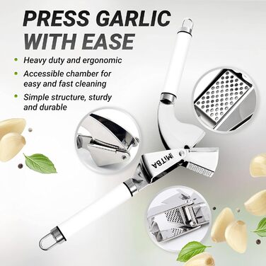 MiTBA Garlic Press Set with Non-Slip Grips - Includes Silicone Tube Peeler & Cleaning Brush
