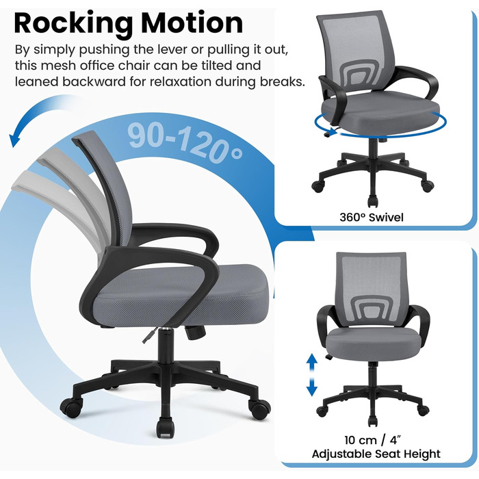 Офісний крісло Yaheetech ергономічне з сітчастою спинкою та підлокітниками, поворотне, для начальника, з регулюванням висоти, до 136 кг, темно-сірий