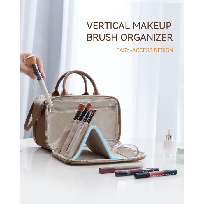 Косметичка для макіяжу велика містка з водонепроникним покриттям та ручкою (Колір: Коричневий, Комплект L-Full)