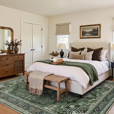 Килим GENIMO Boho Vintage 160x230 см, короткий ворс, антиковзаюча, для вітальні, спальні, їдальні, офісу, салатовий, геометричний, прямокутний