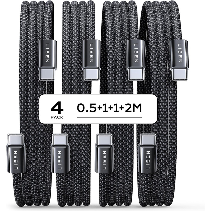 Набір USB-C кабелів LISEN 60W (4 шт.): 0.5м, 1м, 1м, 2м. Підтримка PD 3.0. Сумісний з iPhone, Switch, Samsung, Pixel, MacBook, iPad, Xiaomi. Чорний.