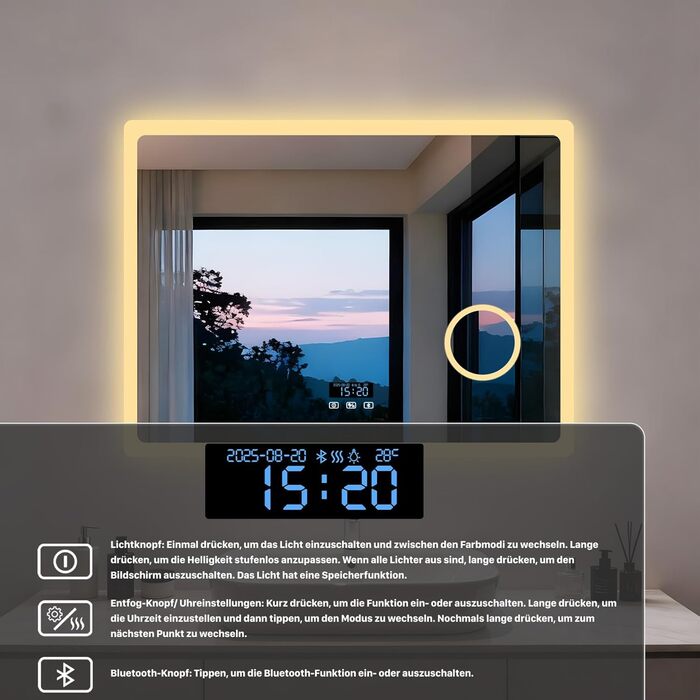 Дзеркало для ванної кімнати LUVODI з підсвічуванням 100x70 см: годинник, температура, дата, антизапар, регулювання яскравості, 3 кольори світла, функція пам'яті, LED, водонепроникність (60L x 80B см, 3x лупа + Bluetooth)