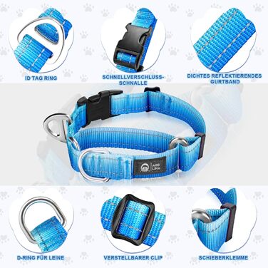 Нашийник для собак Martingale, світловідбиваючий, з зупиняючою функцією, для великих, середніх та маленьких собак, нейлон, блакитний, розмір L