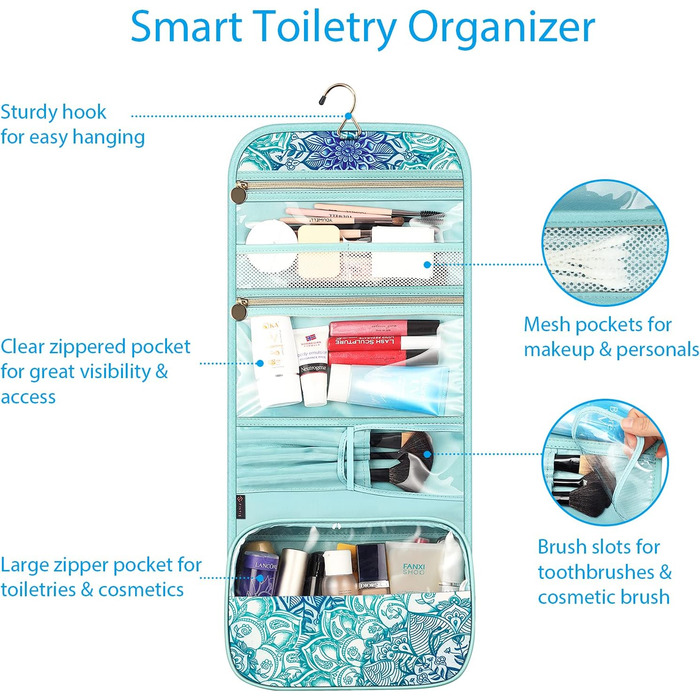 Fintie Косметичка-органайзер для подорожей, велика водонепроникна сумка для макіяжу, блакитного кольору, для жінок та дівчат