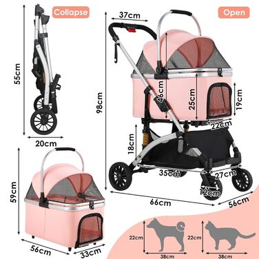 Візок для собак Mamizo 3-в-1: візок, переноска, сумка, до 20 кг, поворотні колеса, кошик, тримач для напоїв, для собак та котів (сріблястий, рожевий)