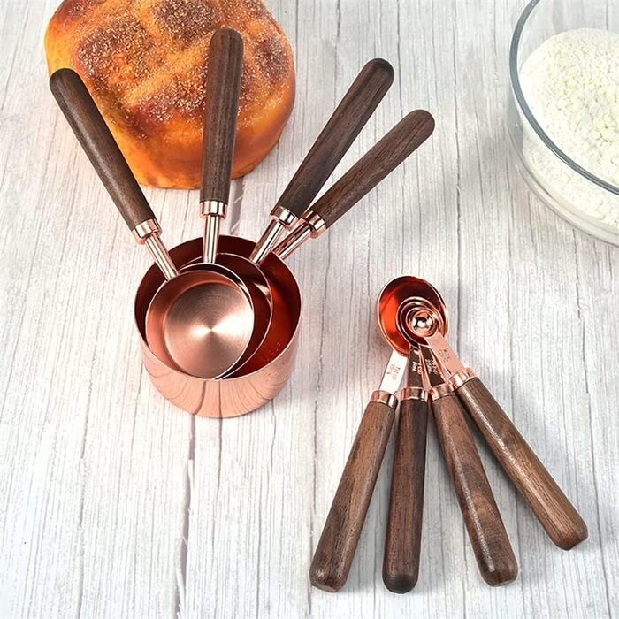 8-Piece Stainless Steel Measuring Spoon Set with Walnut Handle, Copper Measuring Cup Set for Baking and Cooking