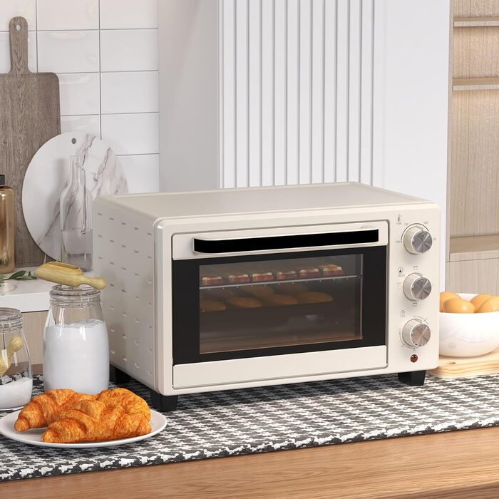 Міні-піч HOMCOM 21 л, 1400 Вт, 100-230°C, таймер, крихтосховище, деко, решітка-гриль, вікно, для піци, кремово-білий