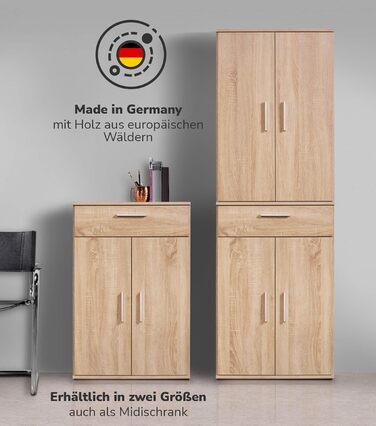 Multipurpose cabinet 60cm wide with drawers 'The Practical', small office cabinet or filing cabinet, also as a shoe cabinet or storage cabinet in 60x90x34 cm (W/H/D) in White (Height 180CM, Sonoma Oak -69)