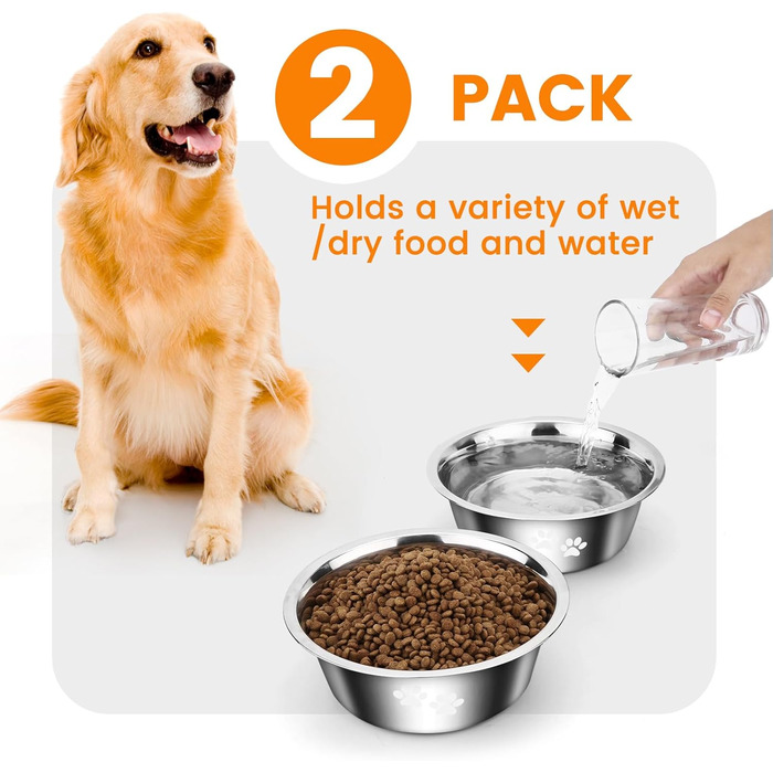 PETTOM Миски для собак з нержавіючої сталі, 2 шт. (3120 мл), миска для корму для собак великих, середніх та маленьких порід, миска для води з неслизьким силіконовим дном, розмір M - 21 см, срібний колір