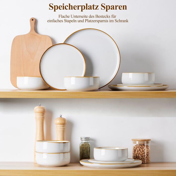 Набір посуду Joyfair на 6 осіб, 18 предметів: тарілки, миски, десертні тарілки, посуд з реактивної глазурі, для щоденного використання, сумісний з мікрохвильовою піччю та посудомийною машиною, пісочно-бежевий колір