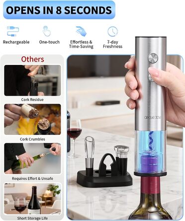 Електричний відкривачка вин CIRCLE JOY 6-в-1 з зарядною станцією, набір з нержавіючої сталі, з різаком фольги, аератором та 2 вакуумними закривачами