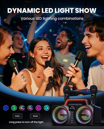 Караоке-машина для дорослих та дітей, портативна Bluetooth-система 80W – 2 бездротові мікрофони, регулювання ехо, USB/AUX-роз'єми, ідеальний подарунок для вечірок на природі