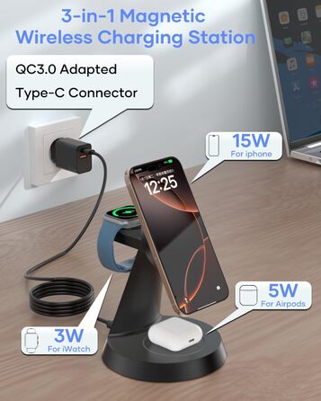 3-в-1 Індукційна Зарядка для iPhone, AirPods та Apple Watch (15W, чорний)