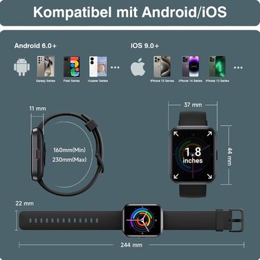 Fitpolo Розумний годинник для чоловіків та жінок, 1.8' з функцією телефону/Alexa, фітнес-годинник з моніторингом серцевого ритму/сну, водонепроникний IP68 для iPhone/Android, чорний