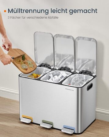 Сміттєвий відер SONGMICS HOME POPNEX LTB740B02 для кухні, система сортування сміття з 3 відсіками по 15 л, сталевий, сріблястий