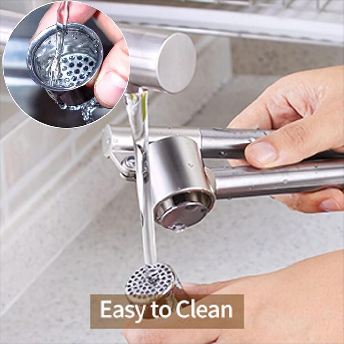 Прес для часнику з нержавіючої сталі, кухонний аксесуар, 18 см, подрібнювач часнику з очищувачем та щіткою, придатний для миття в посудомийній машині, срібний