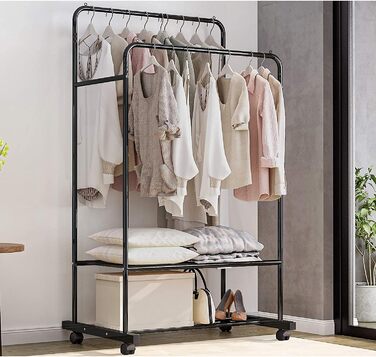 Clothes Rack, Rolling Garment Rack with 2 Clothes Rods, 2 Shelves for Boxes (Black)