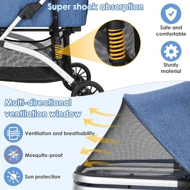 Візок для собак Mamizо 3-в-1: візок, переноска, сумка, до 20 кг, з відкидною конструкцією, 360° колеса, колір срібно-блакитний