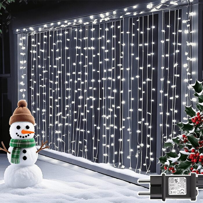 Лампочки-завіса для декору інтер'єру та екстер'єру 300 LED, 3x3м, різдвяне освітлення, 8 режимів, таймер, вологостійка, для вікна, стіни, вечірки, шлюбу, холодний білий