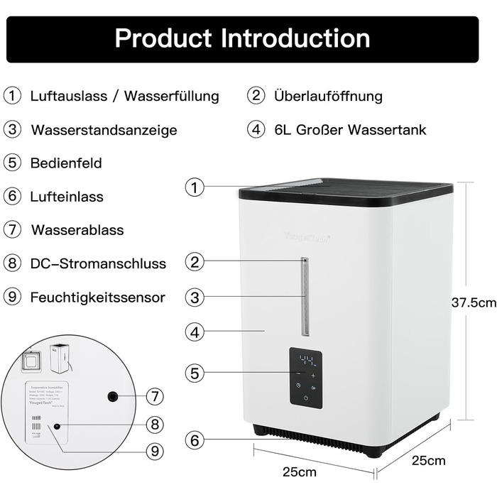 Зволожувач повітря 6L Top Fill, ультразвуковий, 1000 мл/год, автовимкнення, білий EH18S
