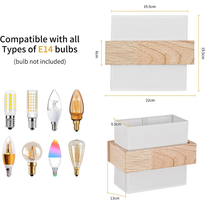 Настінний світильник Gleonlux Wandleuchte Holz, Внутрішнє освітлення в стилі ретро, Boho, Industrial, для дому, сходи, вітальня, спальня, коридор, матеріал: дерево, тканина, цоколь E14, розмір 22.5x13x20 см