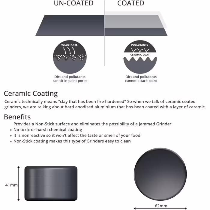 Ceramic Grinder Crusher Non-Stick | 3-piece | Nano ceramic coated herb grinder with razor-sharp grinding mechanism | Ø 62 mm | includes pollen scraper, brush, and mouthpiece (Anthracite)