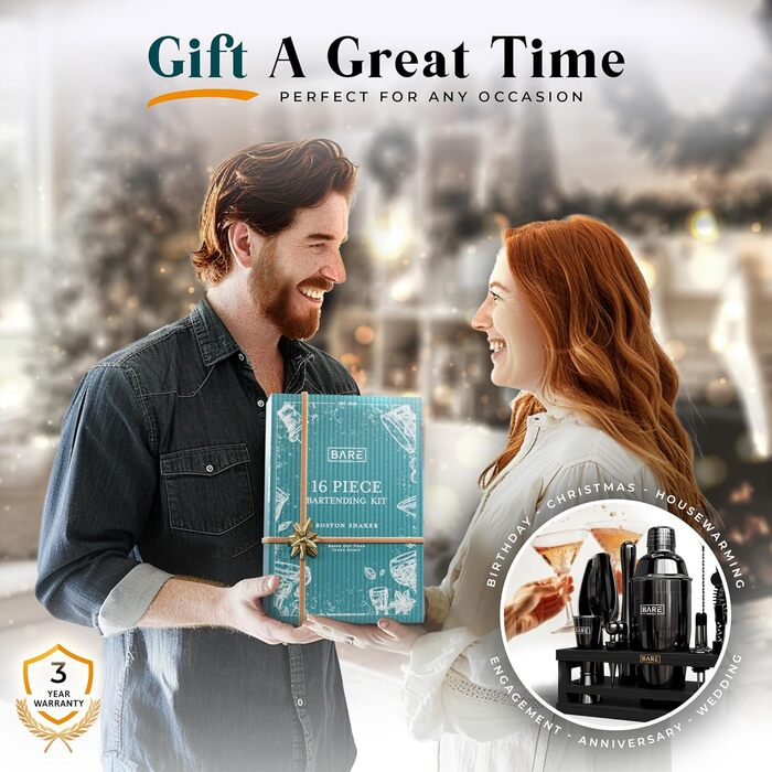 Набір бармена BARE BARREL® Mixology: 16 предметів для приготування коктейлів | Шейкер, барний аксесуар, інструменти для дому | 35 рецептів, подарунковий набір (680.4 г Cobbler Shaker, чорний)