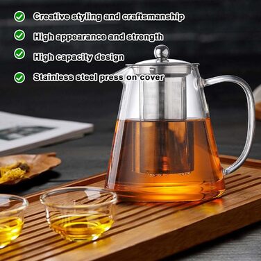 Скляний чайник для заварювання чаю з ситом та кришкою, термостійке боросилікатне скло, 1300 мл