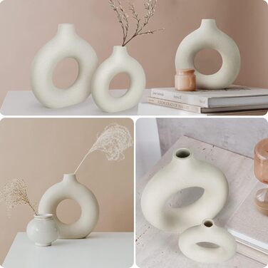 Large Ceramic Doughnut Vase for Pampas Grass - Modern Boho Round Vase for Home & Office Decor