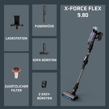 Акумуляторний вертикальний пилосос Rowenta X-Force Flex 9.60 Complete RH2099WO (Lavender) з LED-підсвіткою та повним набором насадок, 100 AW