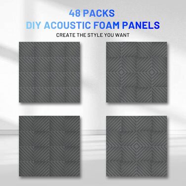 Акустичні пірамідні панелі Focusound для шумоізоляції стін, звукопоглинаючий спінений поролон високої щільності, 30.5 x 30.5 x 2.5 см, сірі, 48 шт.