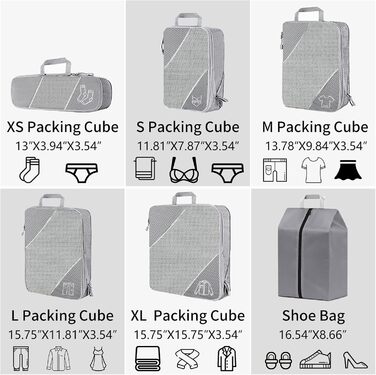 Органайзер для валізи, набір 6 шт. Компресійні куби для пакування, органайзер для подорожей, сірий