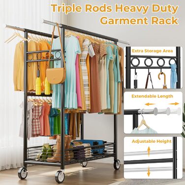 Стійка для одягу Bomclap з великою вантажопідйомністю, з колесами, висувна, з 3 перекладинами, 8 гачками та полицею, міцна, до 160 кг (чорна)