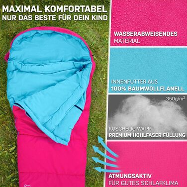 Дитячий спальний мішок для хлопчиків та дівчаток до 145 см | 100% бавовна | Мумійний, легкий та теплий | Outdoor, кемпінг [1200г] | Кольори: фіолетовий/бірюзовий (рожевий/блакитний)